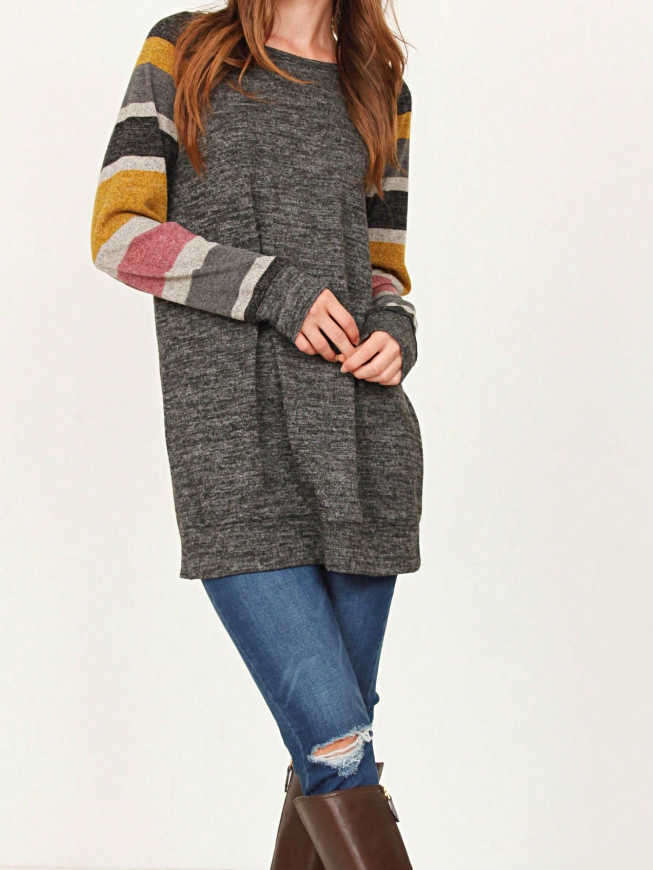 Navy Blue Boho Retro 90's Vintage Sleeve Dot Print Knit Contrast Binding Waffle  Soft Floral Raglan Sleeve Tunic Top Pullover