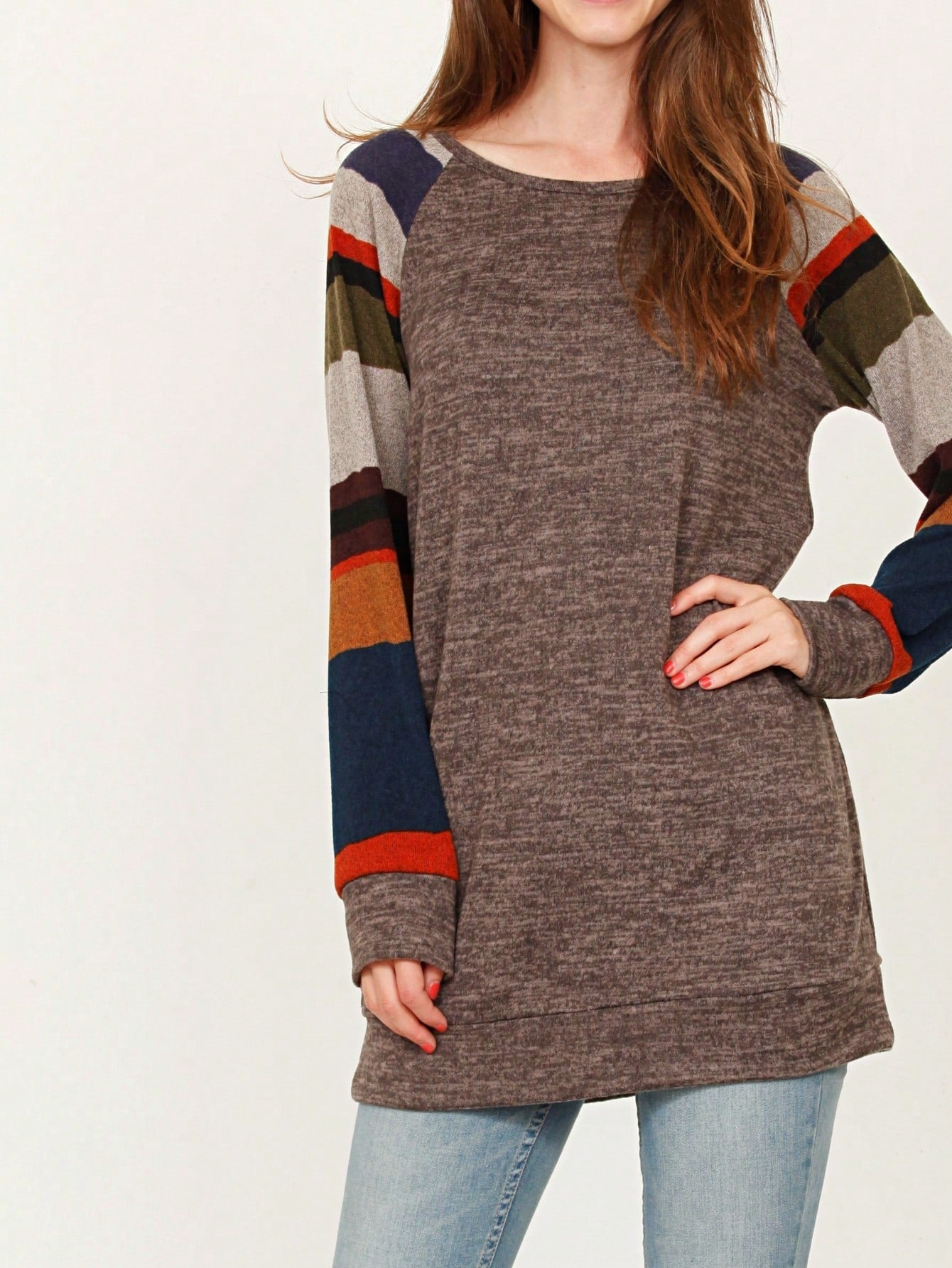 Navy Blue Boho Retro 90's Vintage Sleeve Dot Print Knit Contrast Binding Waffle  Soft Floral Raglan Sleeve Tunic Top Pullover