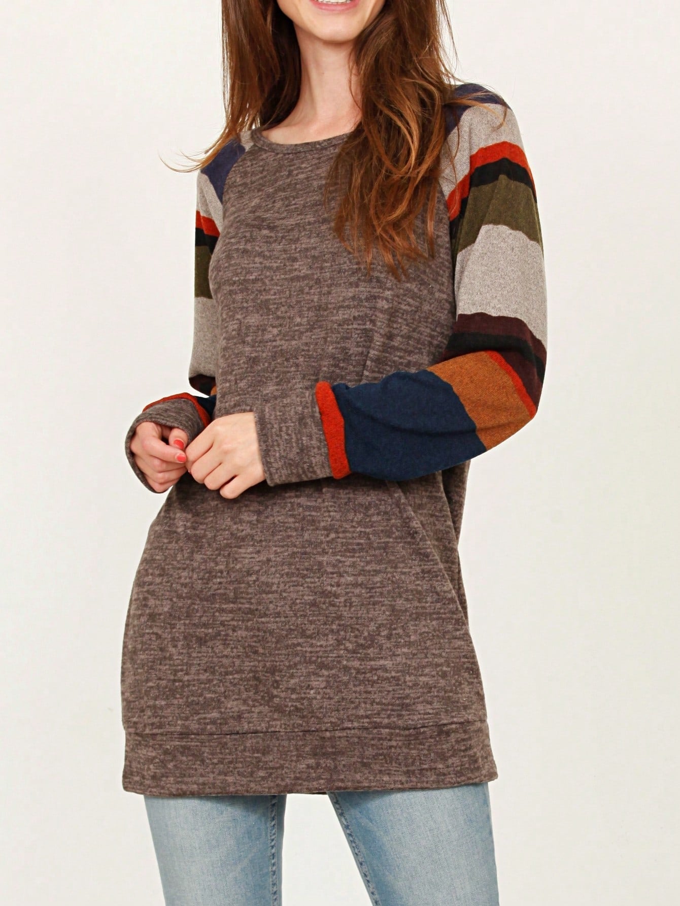 Navy Blue Boho Retro 90's Vintage Sleeve Dot Print Knit Contrast Binding Waffle  Soft Floral Raglan Sleeve Tunic Top Pullover