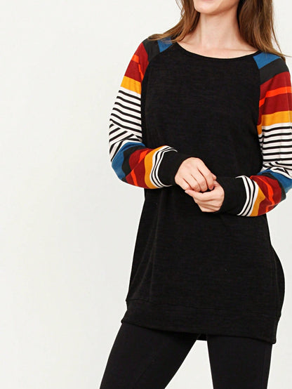 Navy Blue Boho Retro 90's Vintage Sleeve Dot Print Knit Contrast Binding Waffle  Soft Floral Raglan Sleeve Tunic Top Pullover