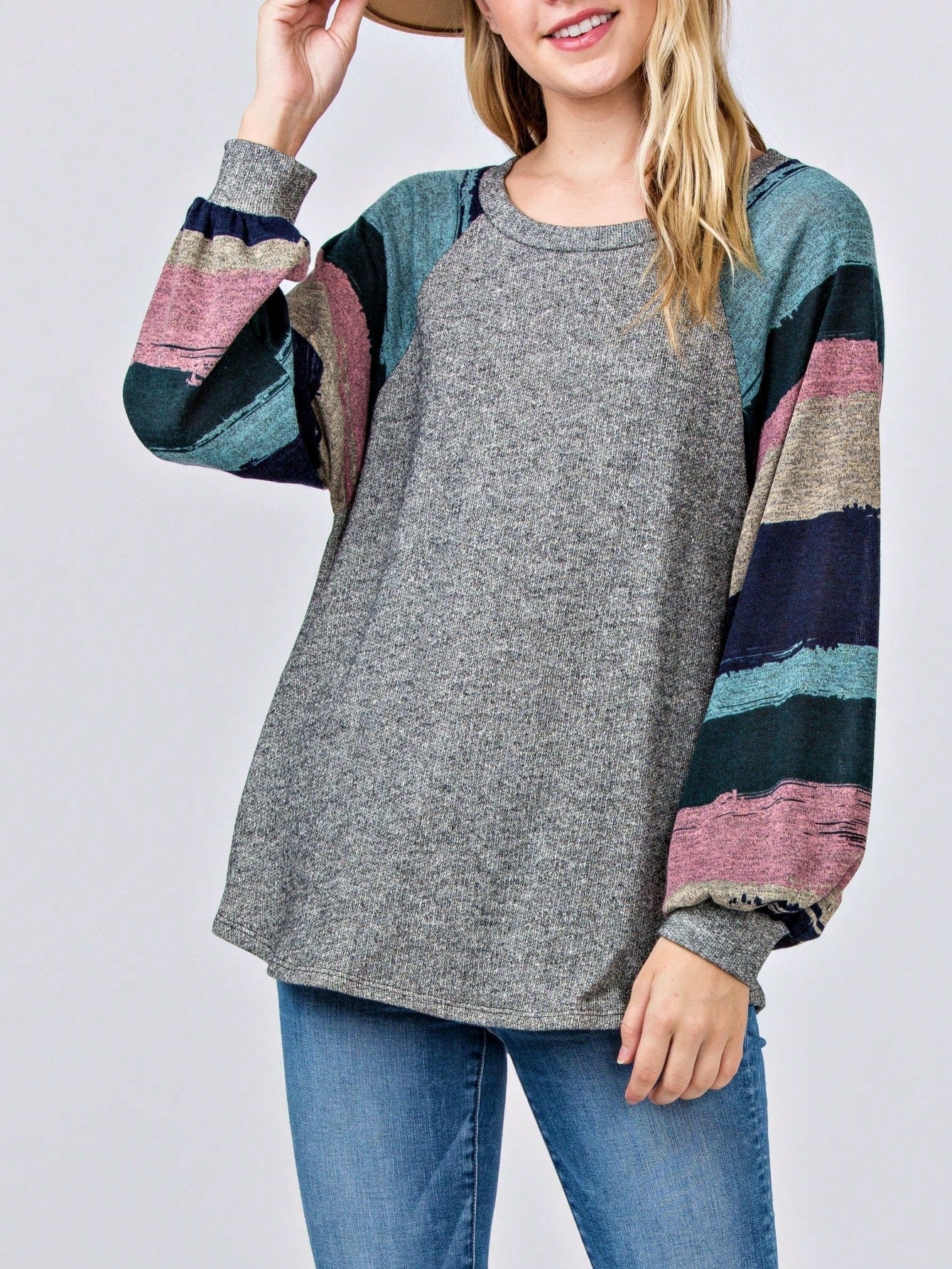 Navy Blue Boho Retro 90's Vintage Sleeve Dot Print Knit Contrast Binding Waffle  Soft Floral Raglan Sleeve Tunic Top Pullover