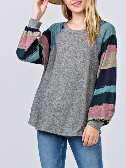Navy Blue Boho Retro 90's Vintage Sleeve Dot Print Knit Contrast Binding Waffle  Soft Floral Raglan Sleeve Tunic Top Pullover