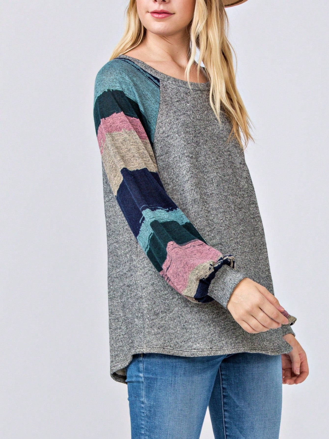 Navy Blue Boho Retro 90's Vintage Sleeve Dot Print Knit Contrast Binding Waffle  Soft Floral Raglan Sleeve Tunic Top Pullover