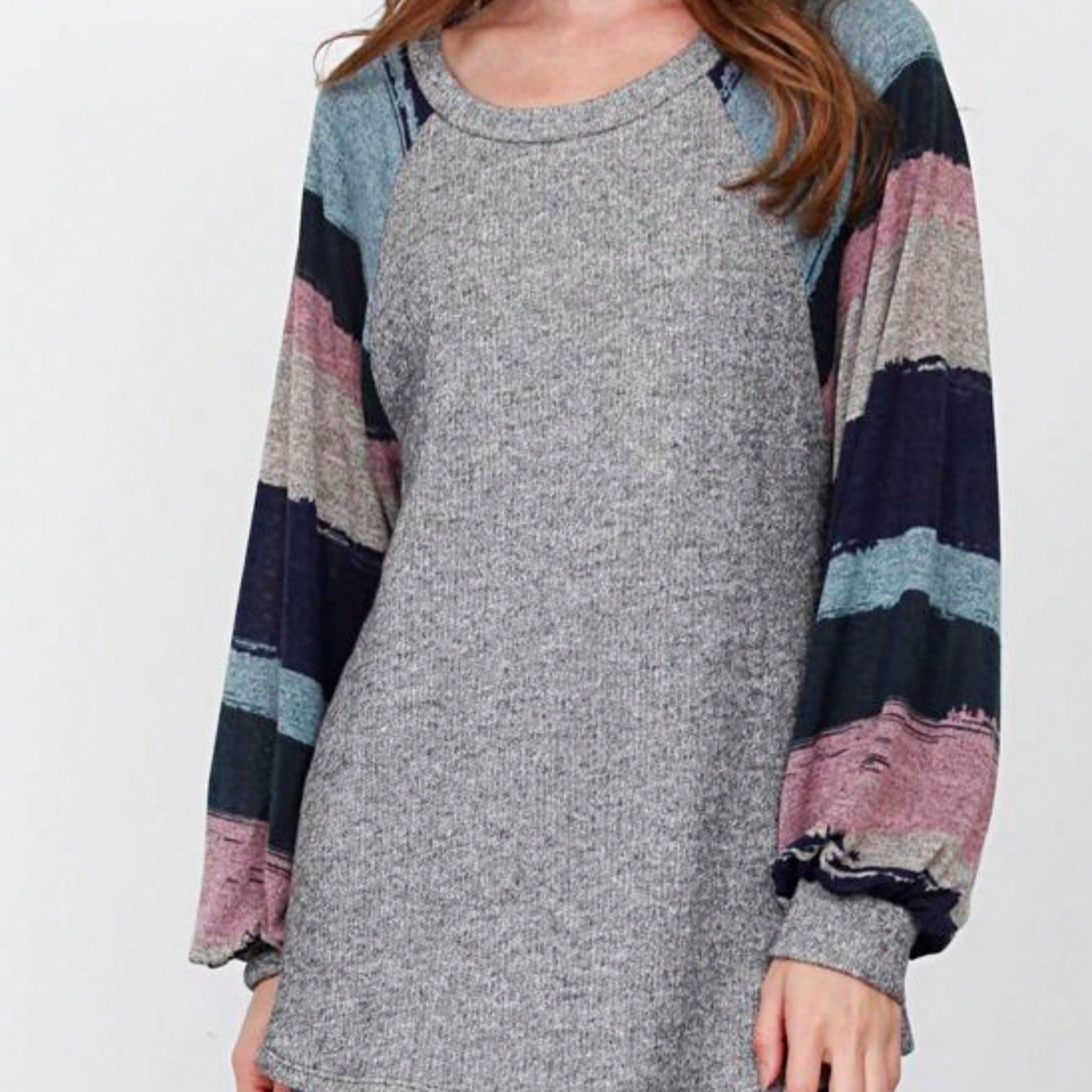 Navy Blue Boho Retro 90's Vintage Sleeve Dot Print Knit Contrast Binding Waffle  Soft Floral Raglan Sleeve Tunic Top Pullover