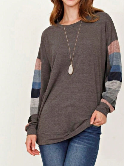 Boho Retro 90's Vintage  Preppy V Stitch  Stripe Knit Contrast Binding Brushed Soft Floral Raglan Sleeve Tunic Top Pullover Only