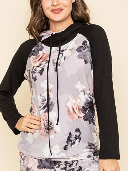 Women's Stylish Long Sleeve Knitted Fabric Top With Plaid Contrast Panel And Drawstring Detail Casual Regular Length Blouse