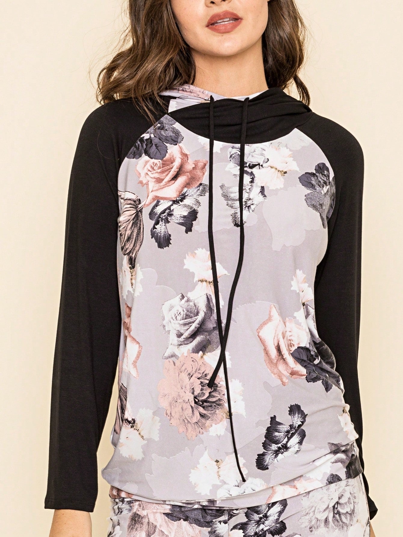 Women's Stylish Long Sleeve Knitted Fabric Top With Plaid Contrast Panel And Drawstring Detail Casual Regular Length Blouse