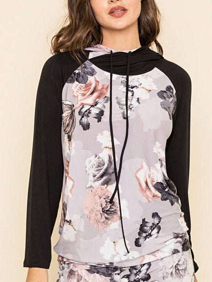 Women's Stylish Long Sleeve Knitted Fabric Top With Plaid Contrast Panel And Drawstring Detail Casual Regular Length Blouse