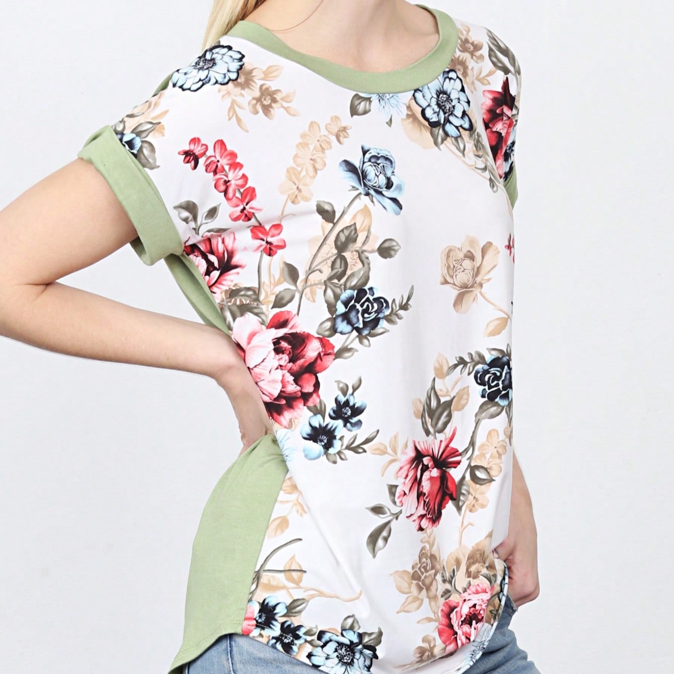 Oatmeal Mint Pink Color Block Folded Cuff Tunic For Leggings Shorts And Jeans  | 7 Colors | S-3X