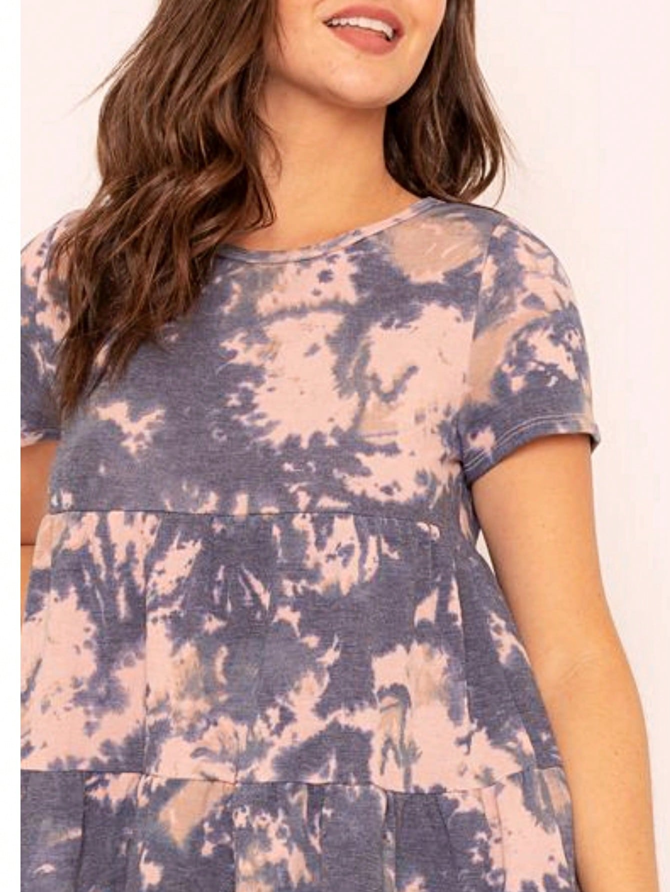Brushed Boho Retro Vintage 60's Tiered Tie Dye Light Pink Blue Short Sleeve Tunic Shirt Top
