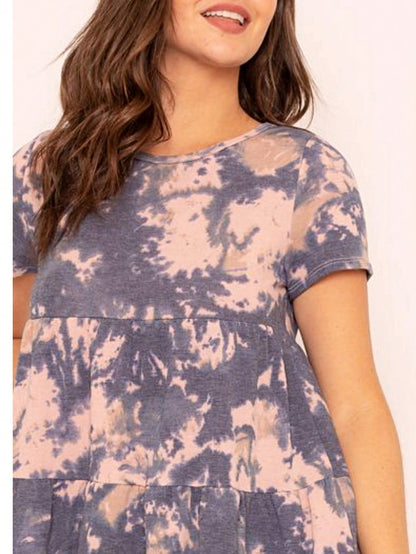 Brushed Boho Retro Vintage 60's Tiered Tie Dye Light Pink Blue Short Sleeve Tunic Shirt Top