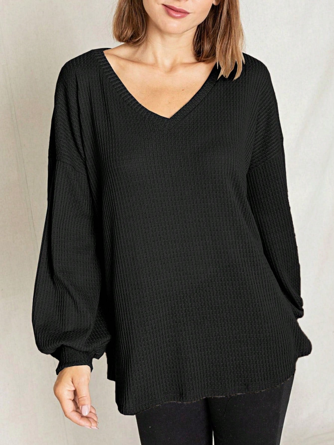 Solid Pastel 3/4 Sleeve Drop Shoulder Waffle Knit Tunic Top Band Hem Shirt