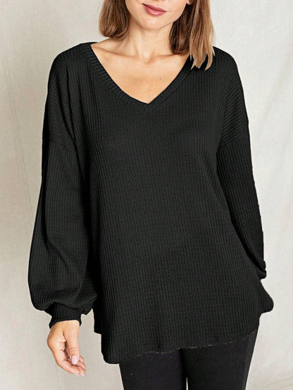 Solid Pastel 3/4 Sleeve Drop Shoulder Waffle Knit Tunic Top Band Hem Shirt