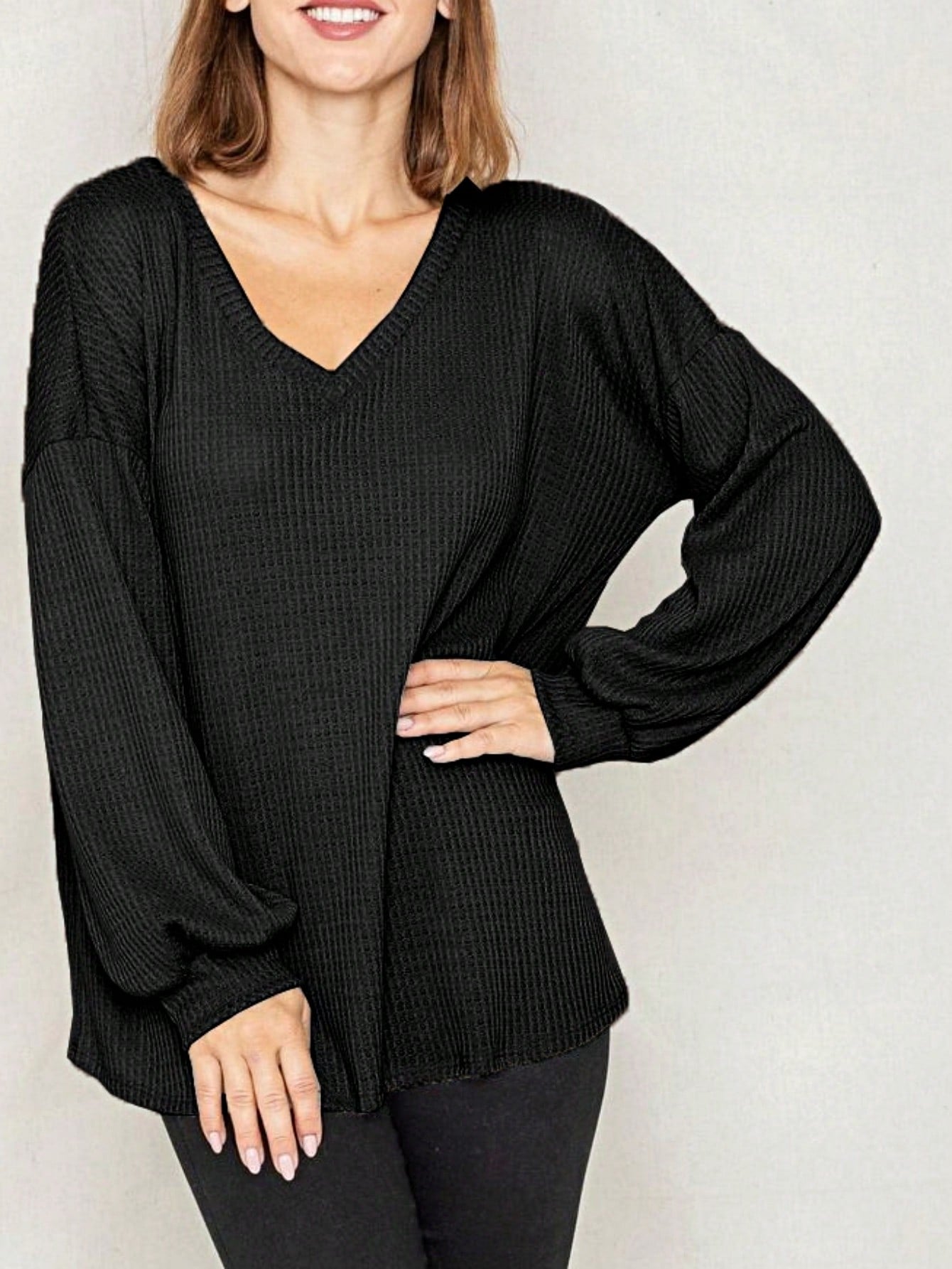 Solid Pastel 3/4 Sleeve Drop Shoulder Waffle Knit Tunic Top Band Hem Shirt