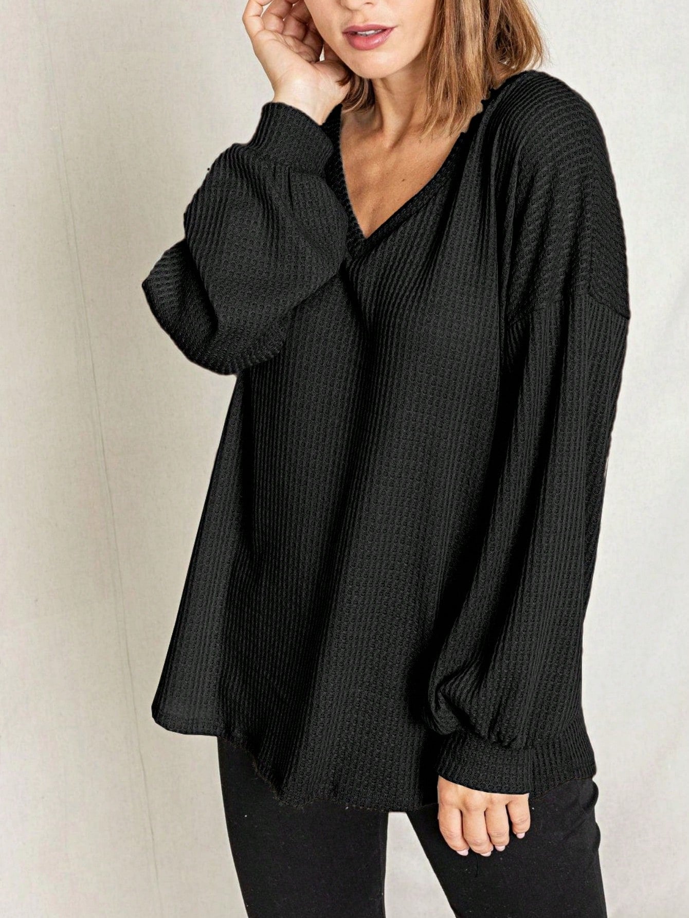 Solid Pastel 3/4 Sleeve Drop Shoulder Waffle Knit Tunic Top Band Hem Shirt
