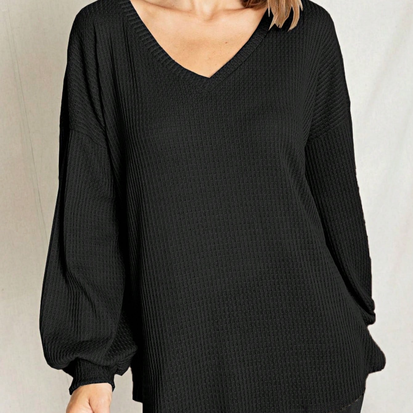 Solid Pastel 3/4 Sleeve Drop Shoulder Waffle Knit Tunic Top Band Hem Shirt