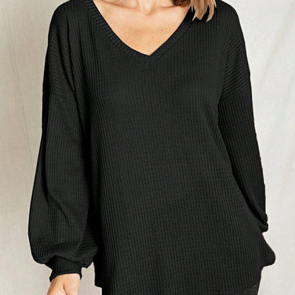 Solid Pastel 3/4 Sleeve Drop Shoulder Waffle Knit Tunic Top Band Hem Shirt