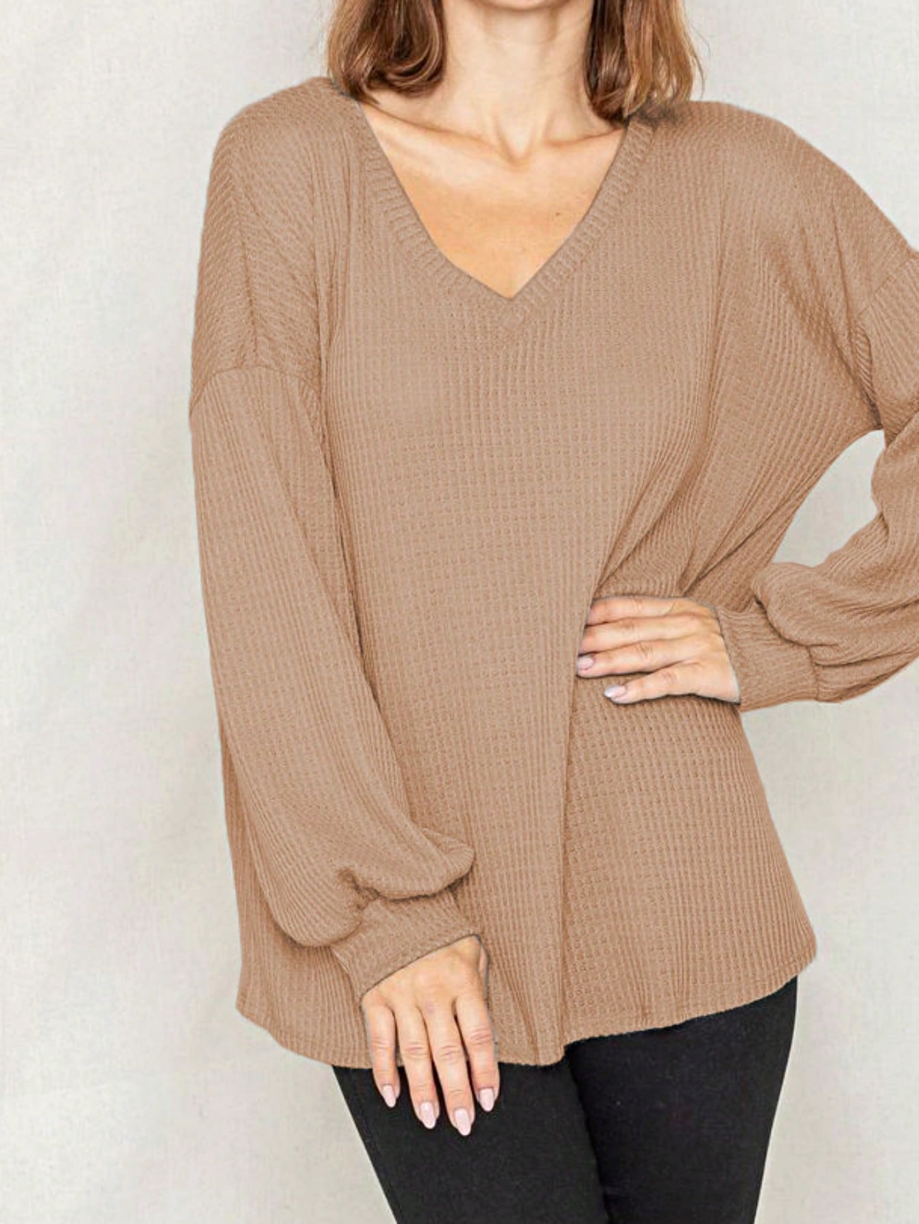 Solid Pastel 3/4 Sleeve Drop Shoulder Waffle Knit Tunic Top Band Hem Shirt