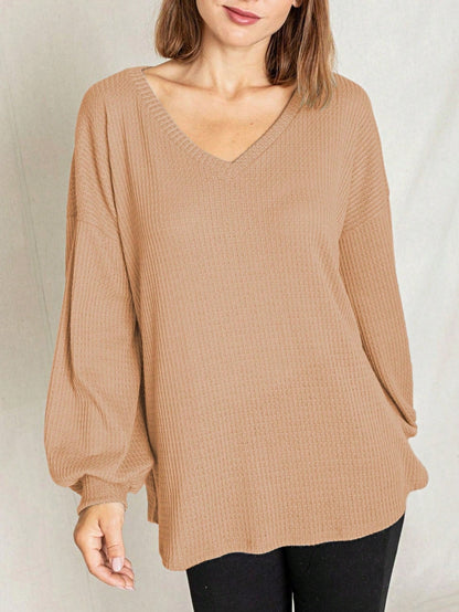 Solid Pastel 3/4 Sleeve Drop Shoulder Waffle Knit Tunic Top Band Hem Shirt