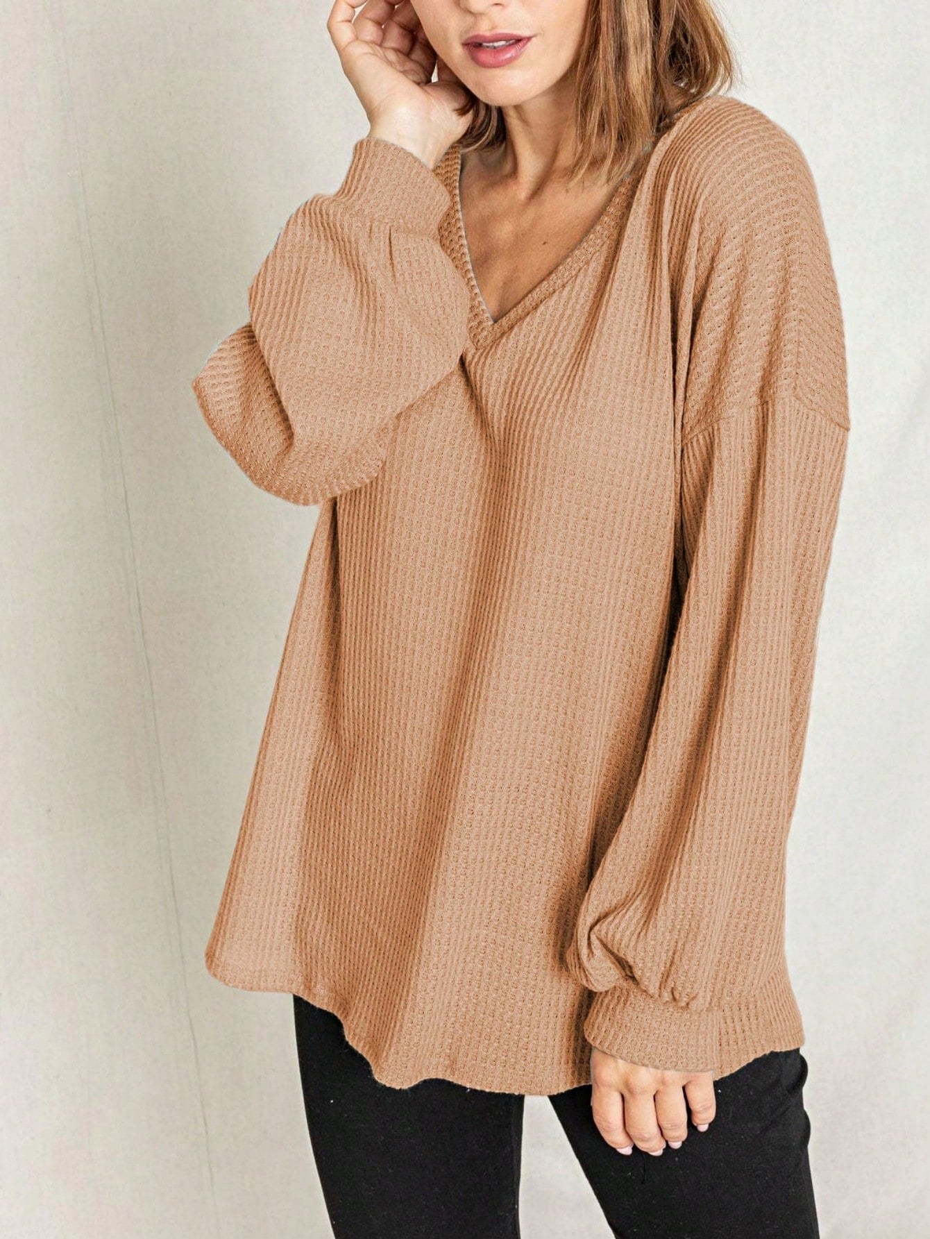 Solid Pastel 3/4 Sleeve Drop Shoulder Waffle Knit Tunic Top Band Hem Shirt