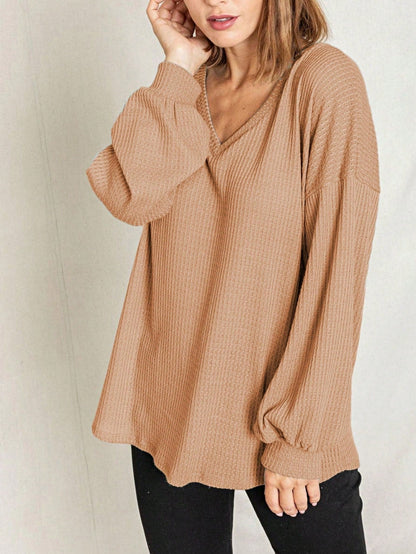 Solid Pastel 3/4 Sleeve Drop Shoulder Waffle Knit Tunic Top Band Hem Shirt
