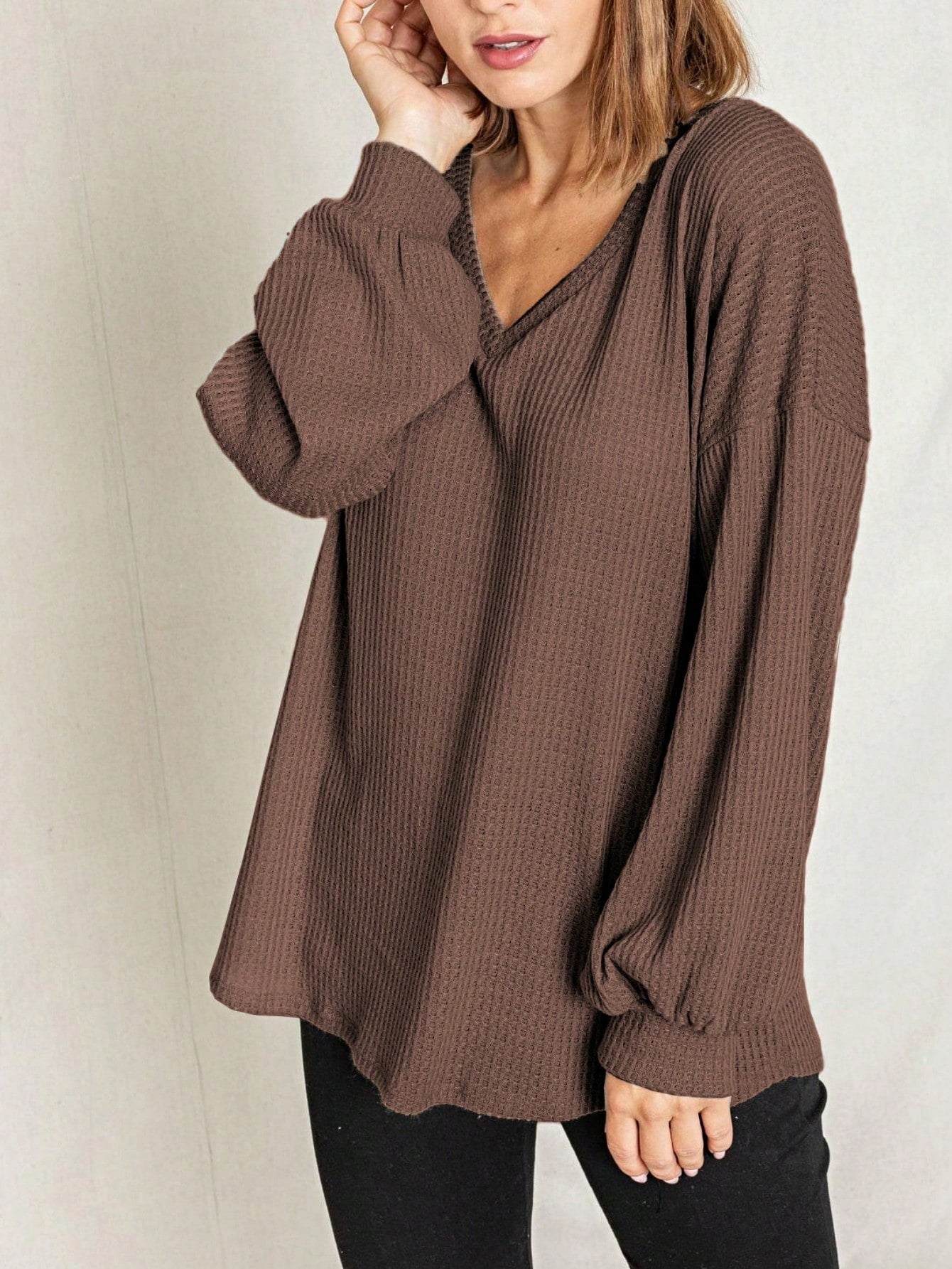 Solid Pastel 3/4 Sleeve Drop Shoulder Waffle Knit Tunic Top Band Hem Shirt