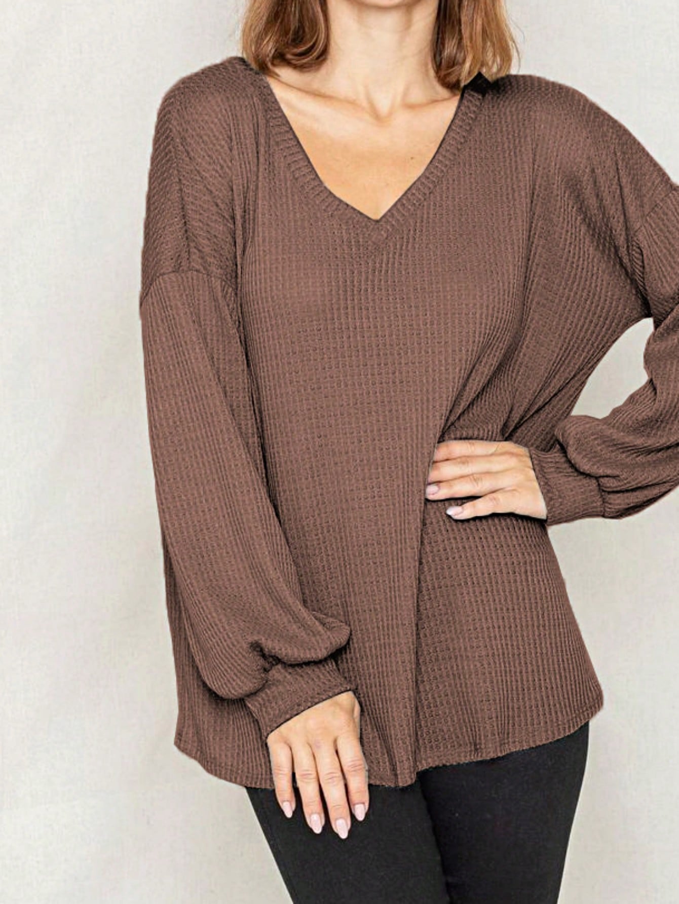 Solid Pastel 3/4 Sleeve Drop Shoulder Waffle Knit Tunic Top Band Hem Shirt
