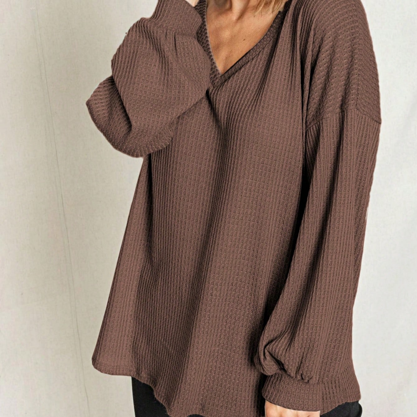 Solid Pastel 3/4 Sleeve Drop Shoulder Waffle Knit Tunic Top Band Hem Shirt