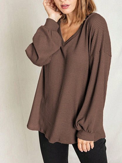 Solid Pastel 3/4 Sleeve Drop Shoulder Waffle Knit Tunic Top Band Hem Shirt