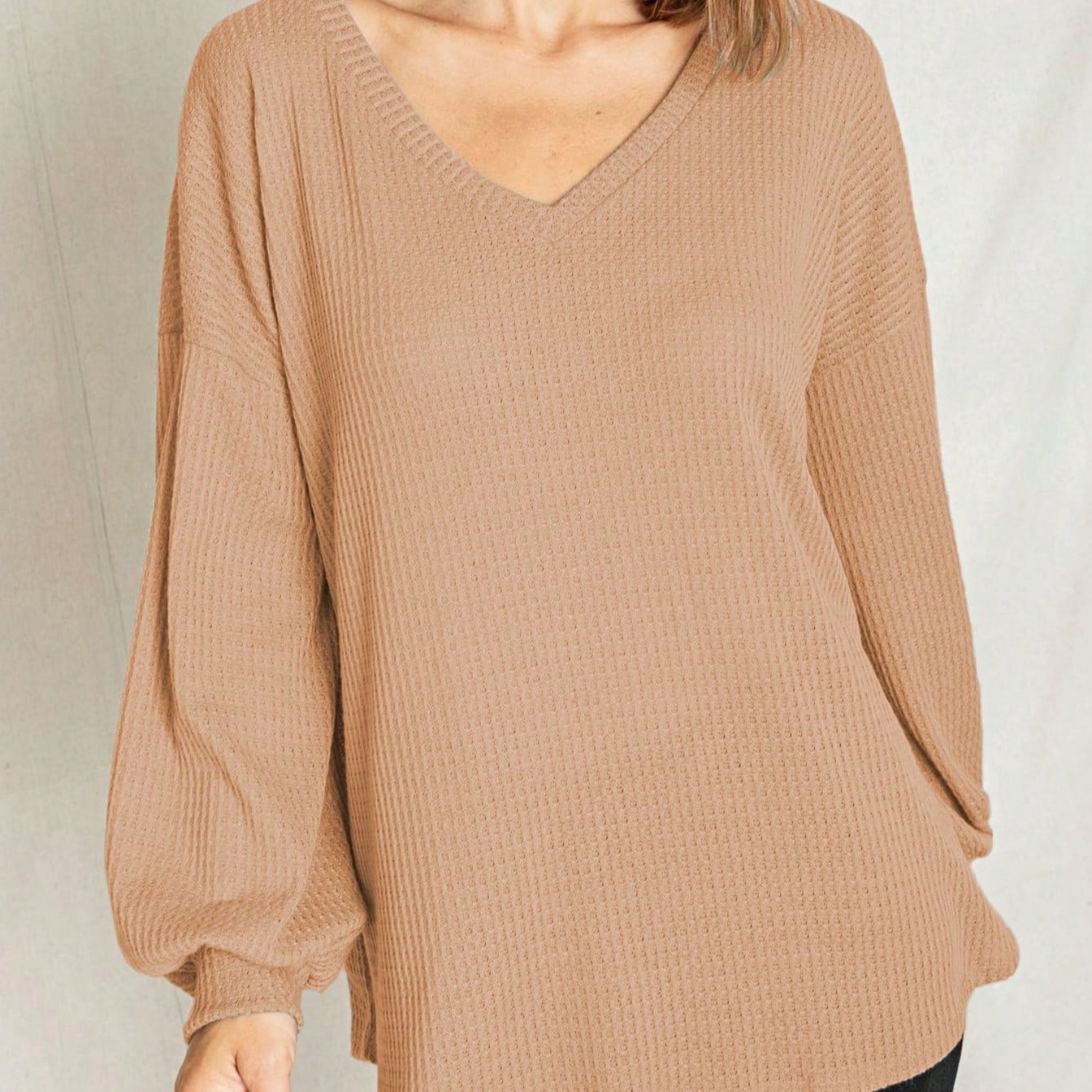 Solid Pastel 3/4 Sleeve Drop Shoulder Waffle Knit Tunic Top Band Hem Shirt