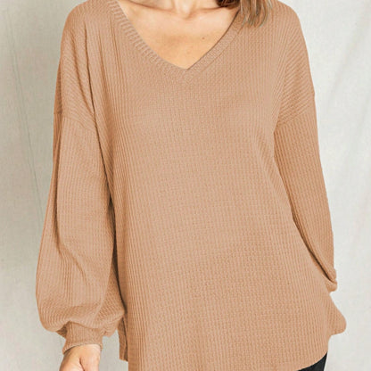 Solid Pastel 3/4 Sleeve Drop Shoulder Waffle Knit Tunic Top Band Hem Shirt