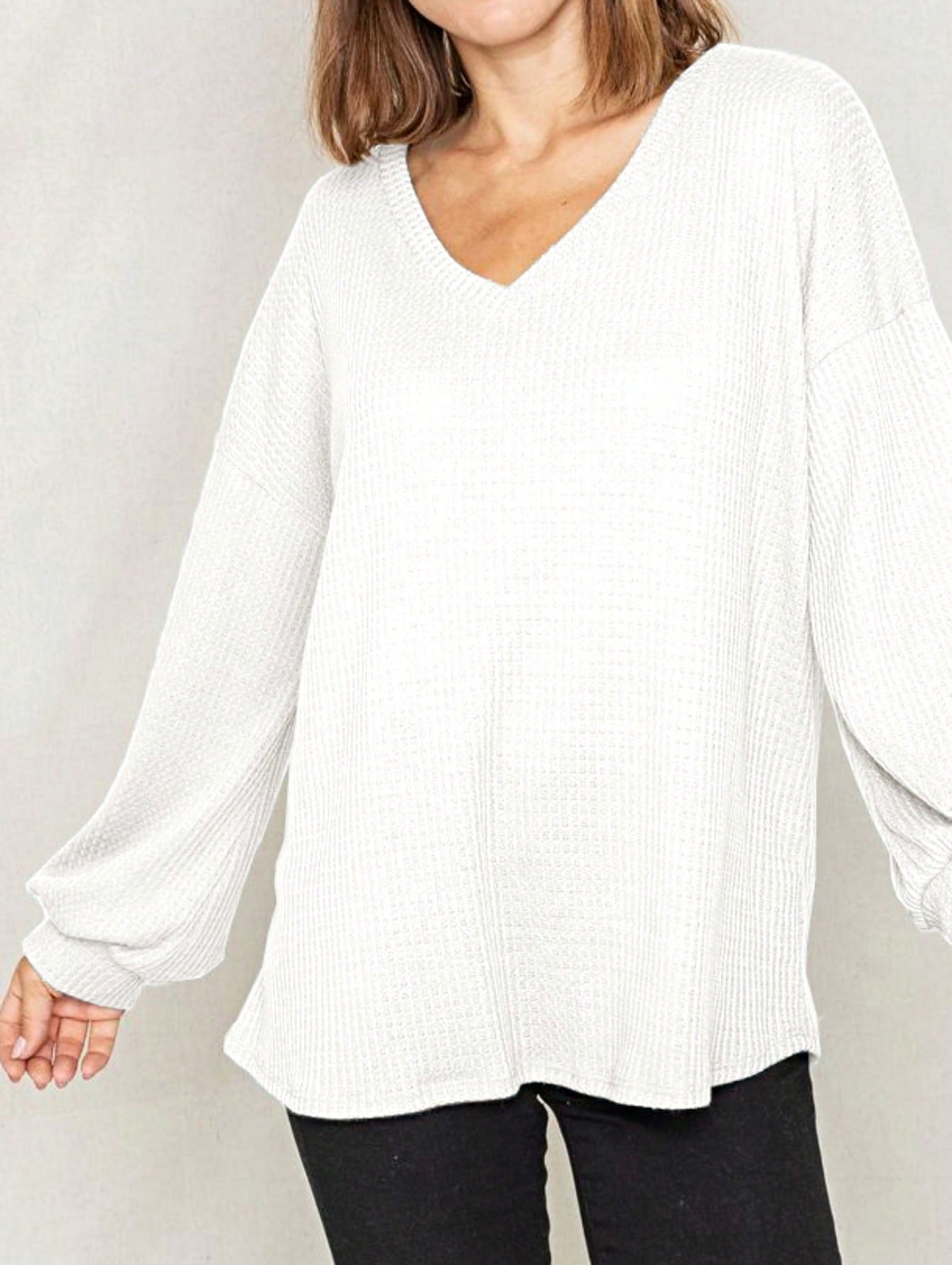 Solid Pastel 3/4 Sleeve Drop Shoulder Waffle Knit Tunic Top Band Hem Shirt