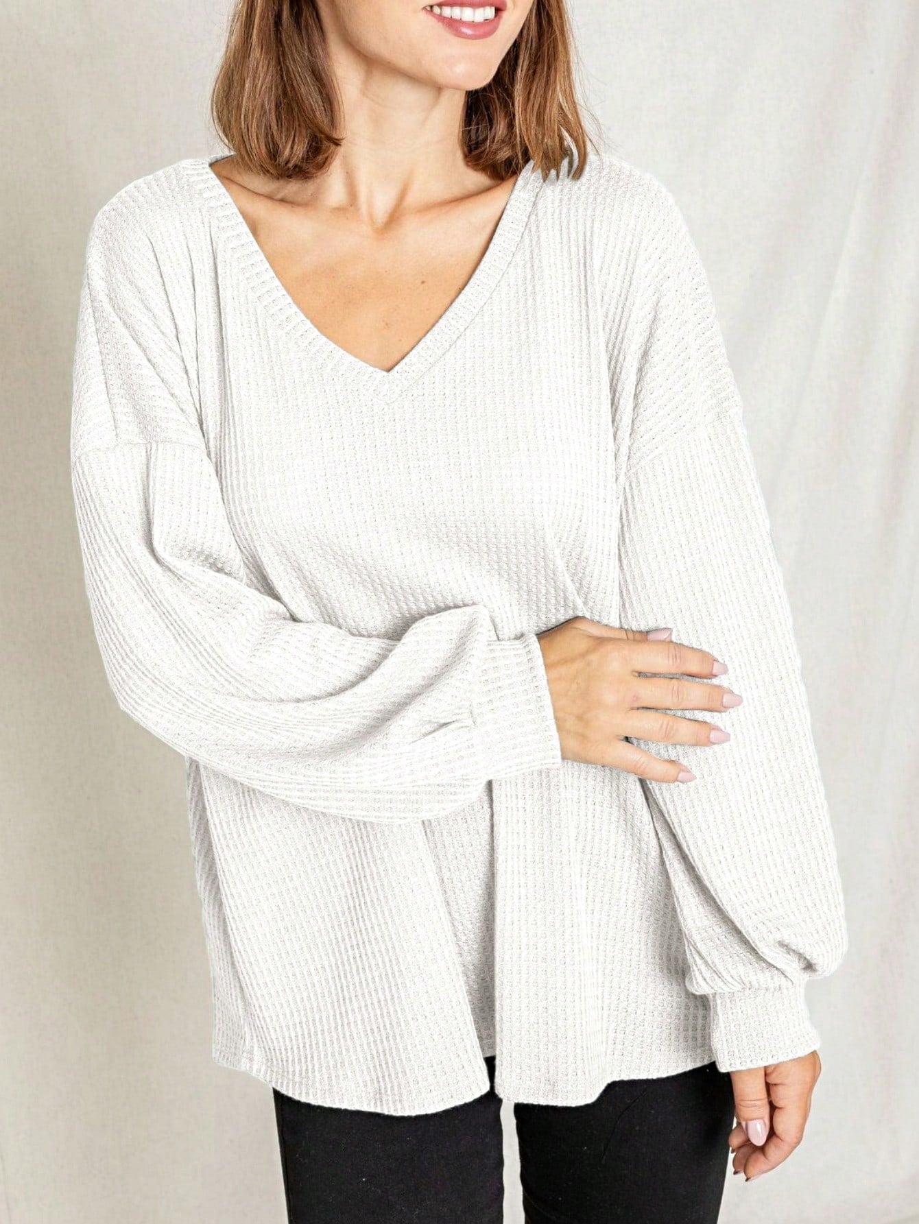 Solid Pastel 3/4 Sleeve Drop Shoulder Waffle Knit Tunic Top Band Hem Shirt