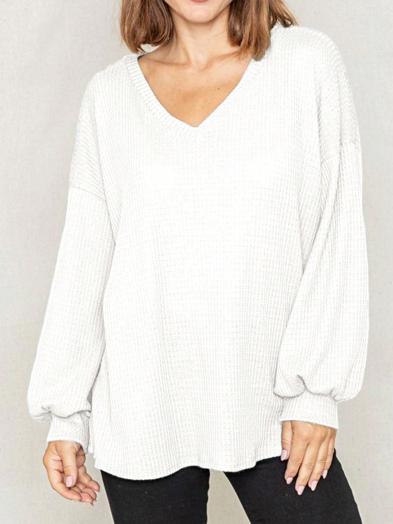 Solid Pastel 3/4 Sleeve Drop Shoulder Waffle Knit Tunic Top Band Hem Shirt