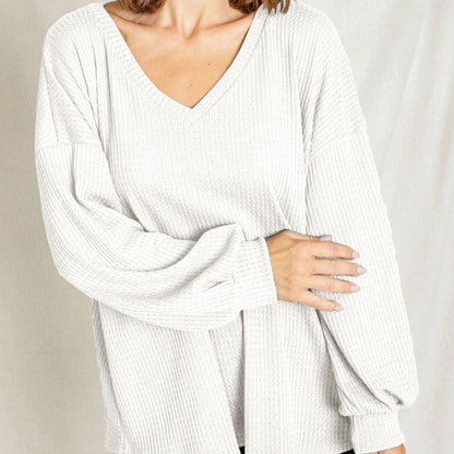 Solid Pastel 3/4 Sleeve Drop Shoulder Waffle Knit Tunic Top Band Hem Shirt
