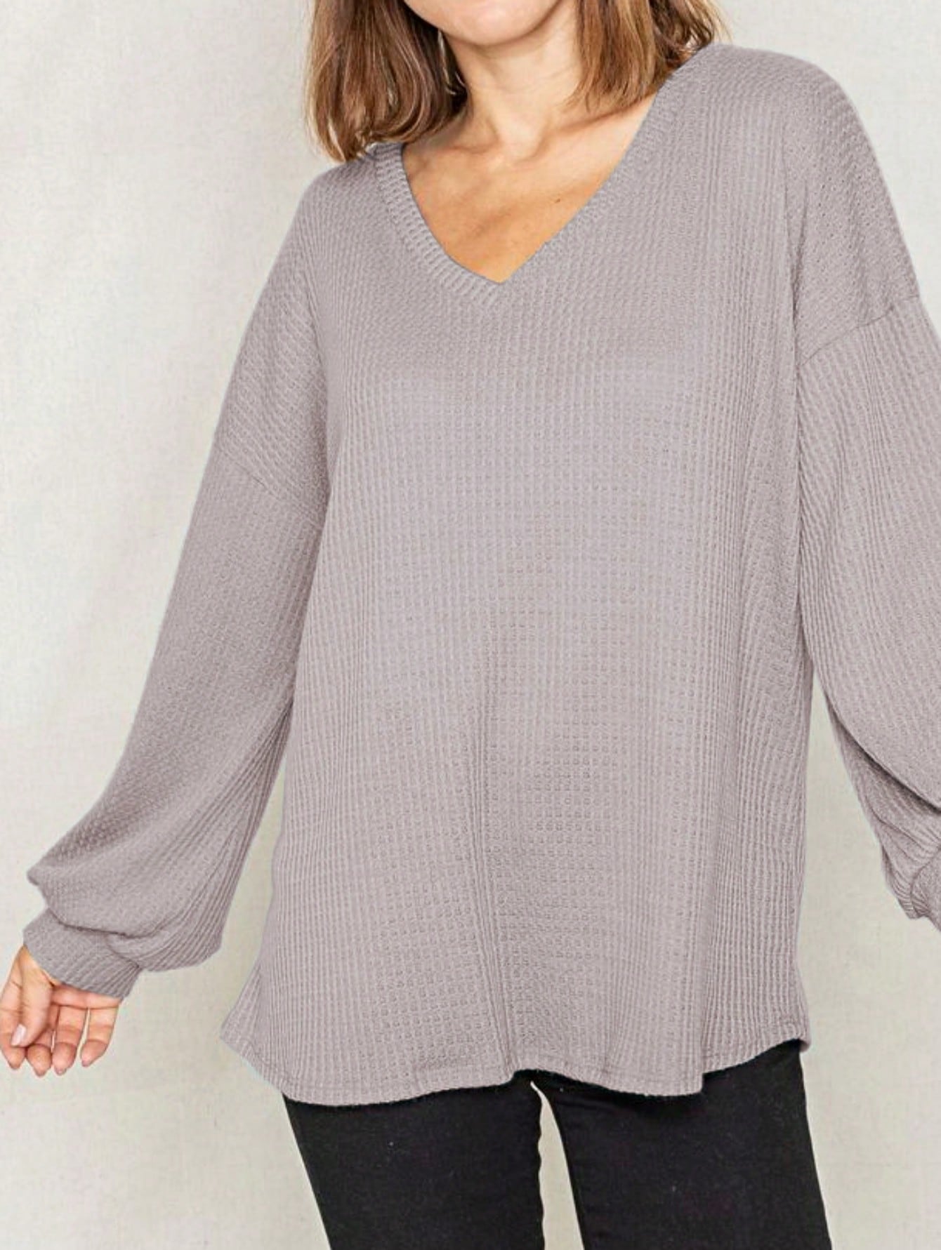 Solid Pastel 3/4 Sleeve Drop Shoulder Waffle Knit Tunic Top Band Hem Shirt