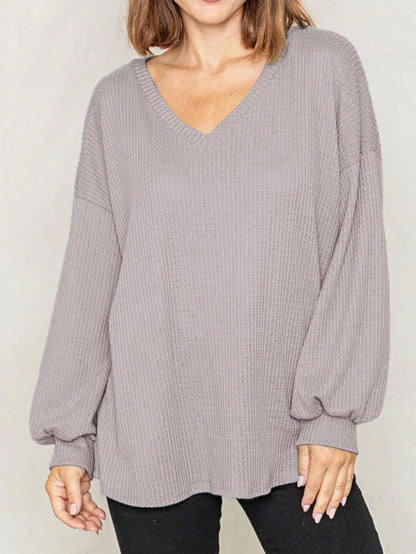 Solid Pastel 3/4 Sleeve Drop Shoulder Waffle Knit Tunic Top Band Hem Shirt