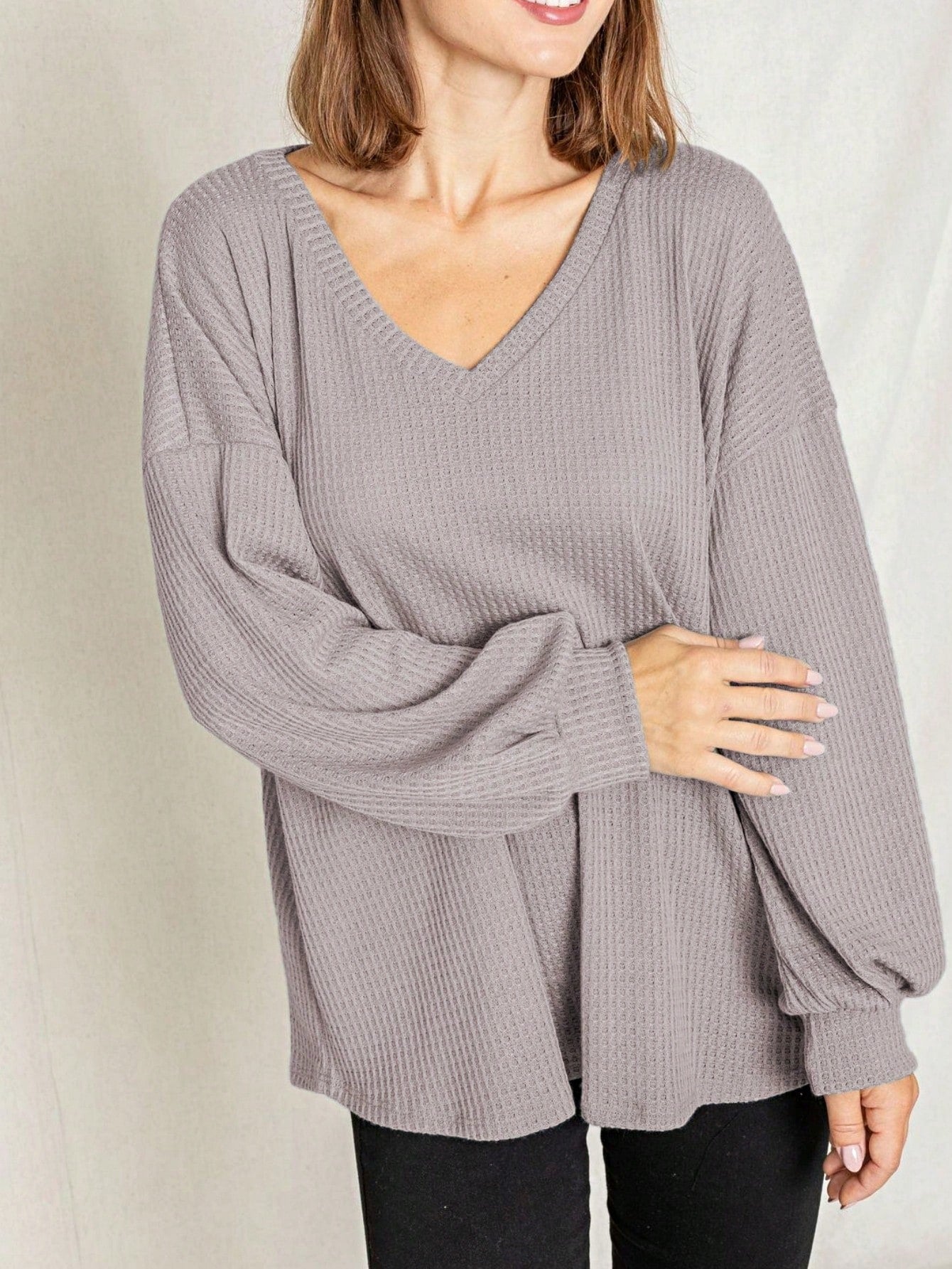 Solid Pastel 3/4 Sleeve Drop Shoulder Waffle Knit Tunic Top Band Hem Shirt