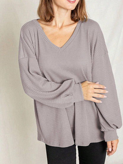Solid Pastel 3/4 Sleeve Drop Shoulder Waffle Knit Tunic Top Band Hem Shirt