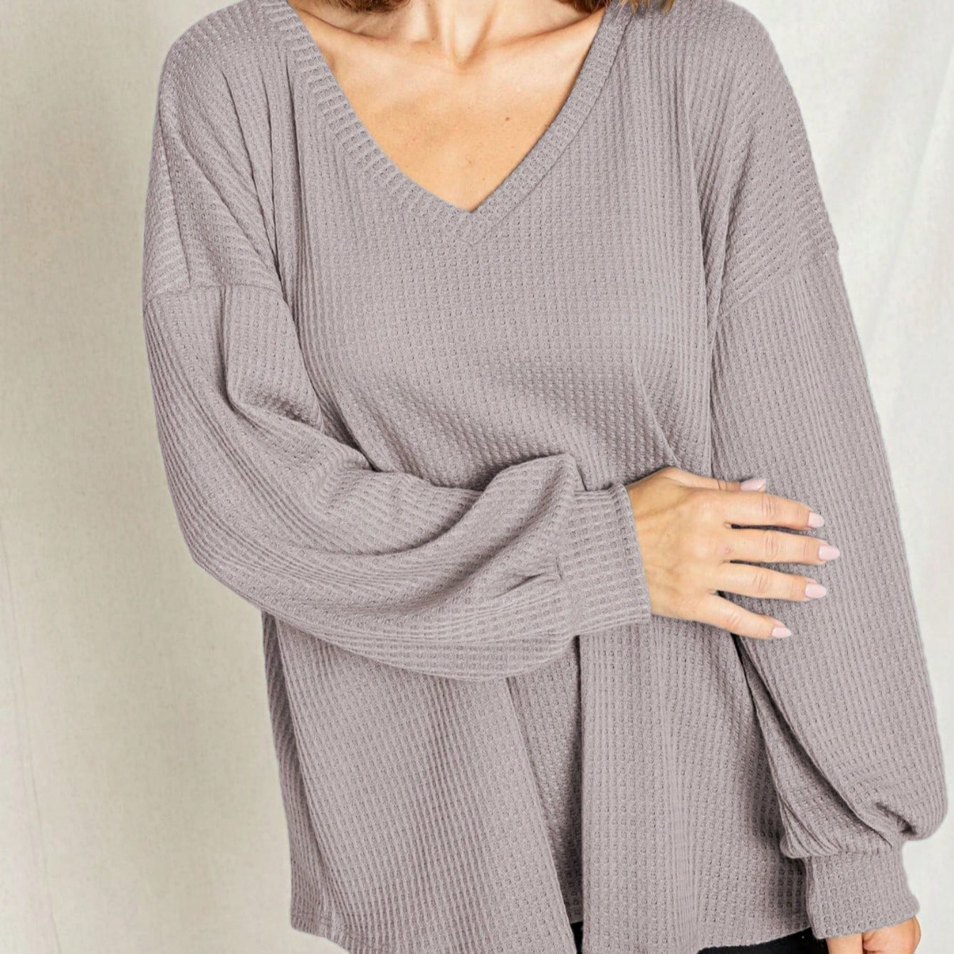 Solid Pastel 3/4 Sleeve Drop Shoulder Waffle Knit Tunic Top Band Hem Shirt