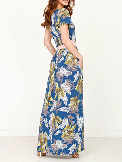 Boho Retro Polka Dot Rayon Mix Casual  Maxi Dress With Folded Cap Sleeve Side Pockets Versatile Summer Dress For Women