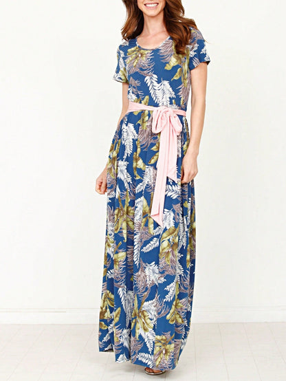 Boho Retro Polka Dot Rayon Mix Casual  Maxi Dress With Folded Cap Sleeve Side Pockets Versatile Summer Dress For Women