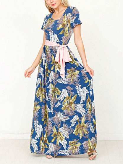 Boho Retro Polka Dot Rayon Mix Casual  Maxi Dress With Folded Cap Sleeve Side Pockets Versatile Summer Dress For Women