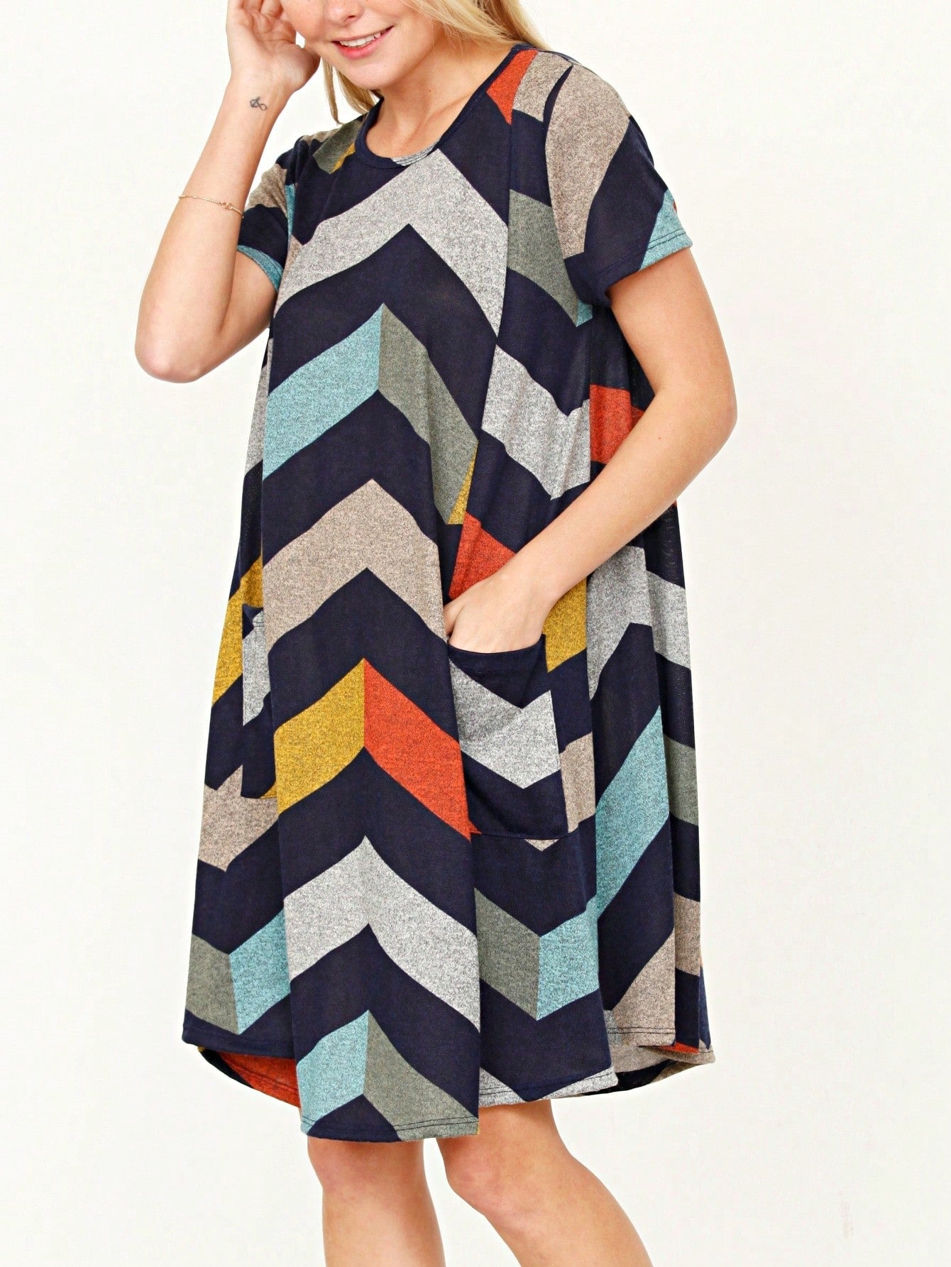 Boho Retro Light Blue Stripe Floral Aline Swing  Dress With Chest Pocket