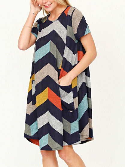 Boho Retro Light Blue Stripe Floral Aline Swing  Dress With Chest Pocket