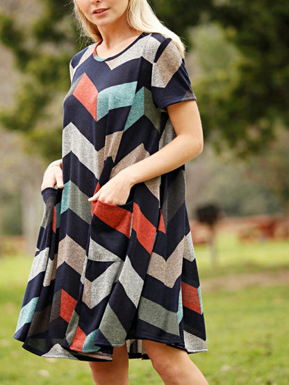 Boho Retro Light Blue Stripe Floral Aline Swing  Dress With Chest Pocket