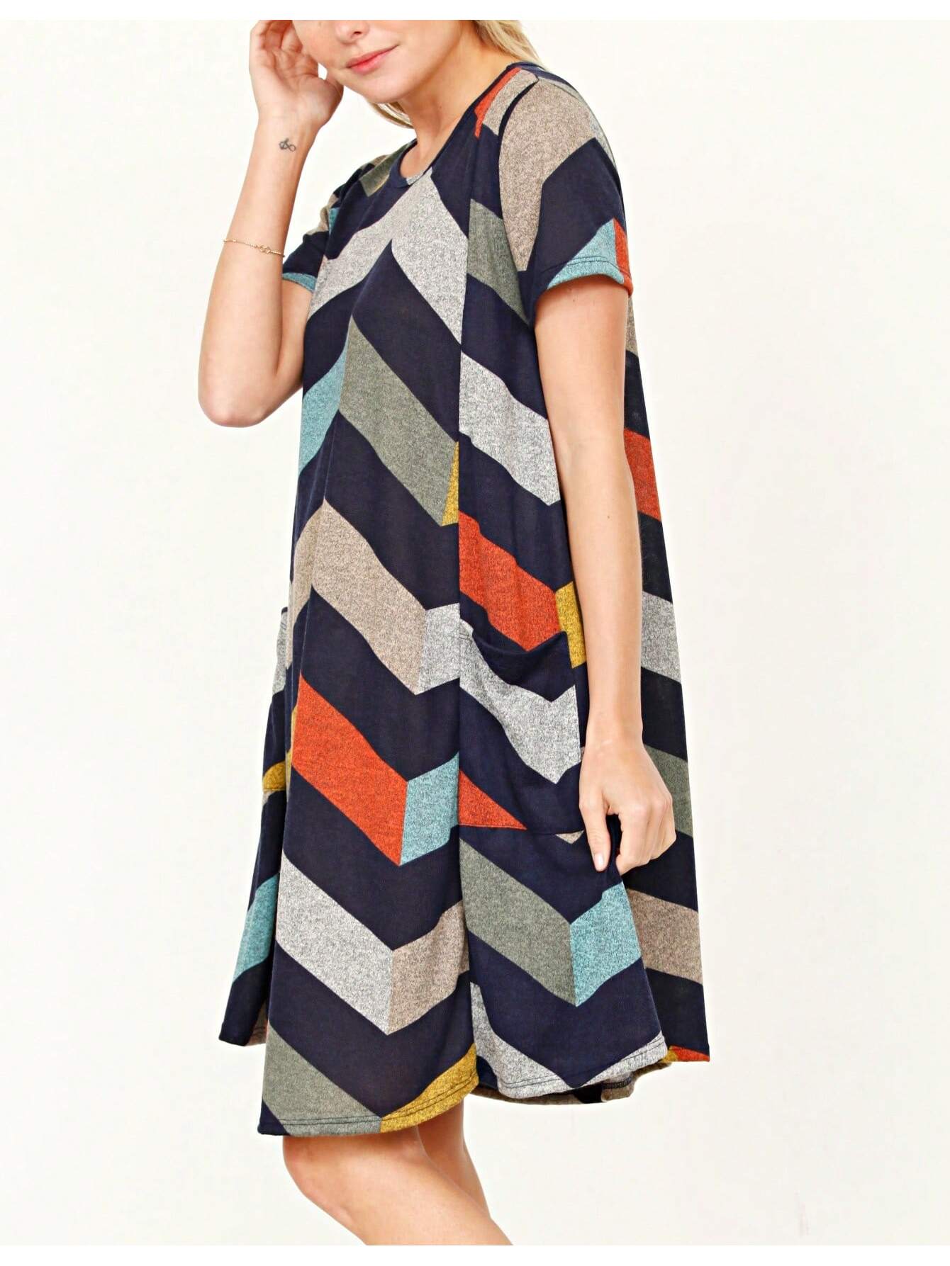 Boho Retro Light Blue Stripe Floral Aline Swing  Dress With Chest Pocket