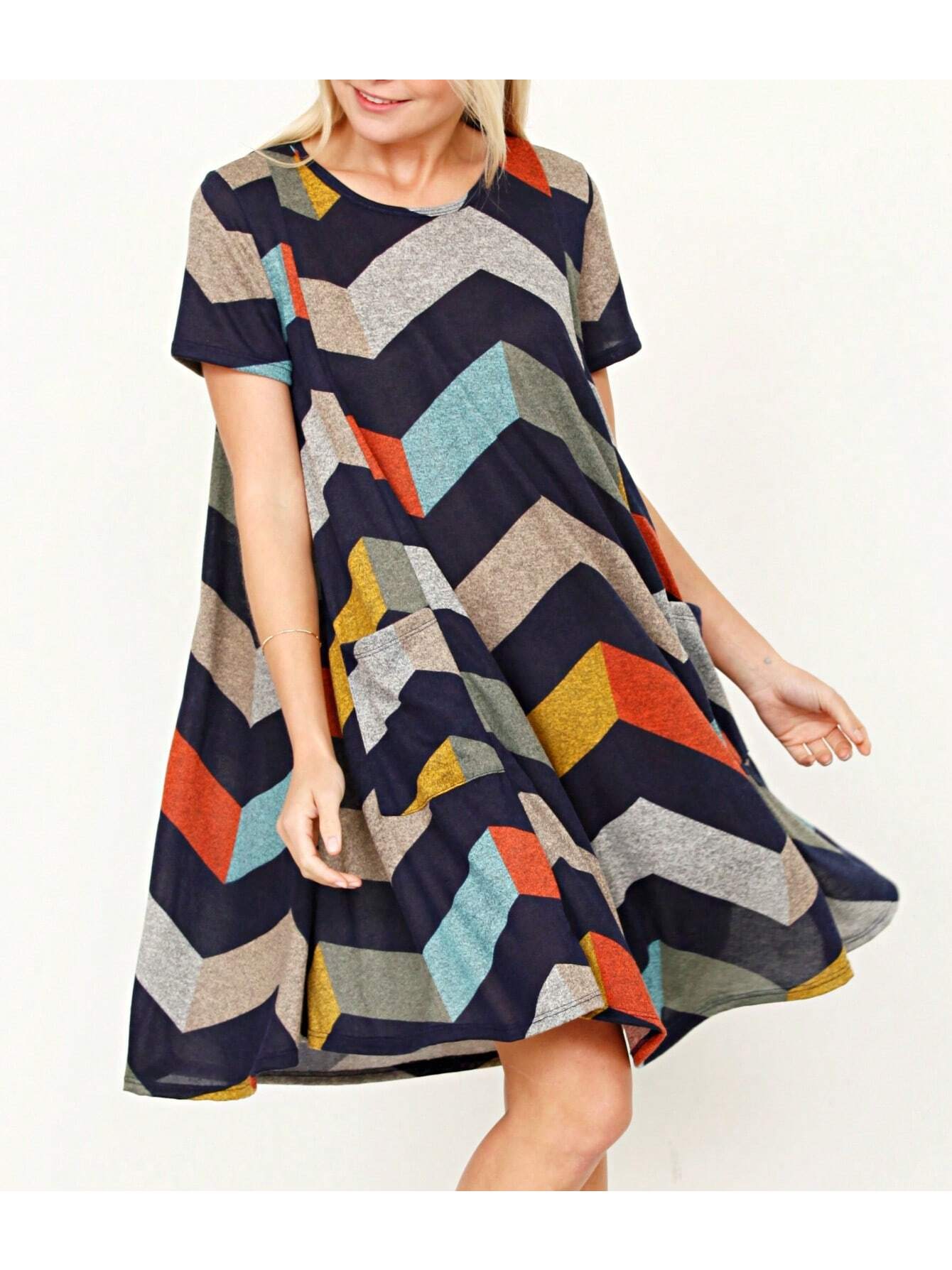 Boho Retro Light Blue Stripe Floral Aline Swing  Dress With Chest Pocket