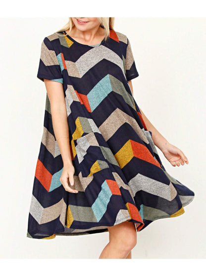 Boho Retro Light Blue Stripe Floral Aline Swing  Dress With Chest Pocket