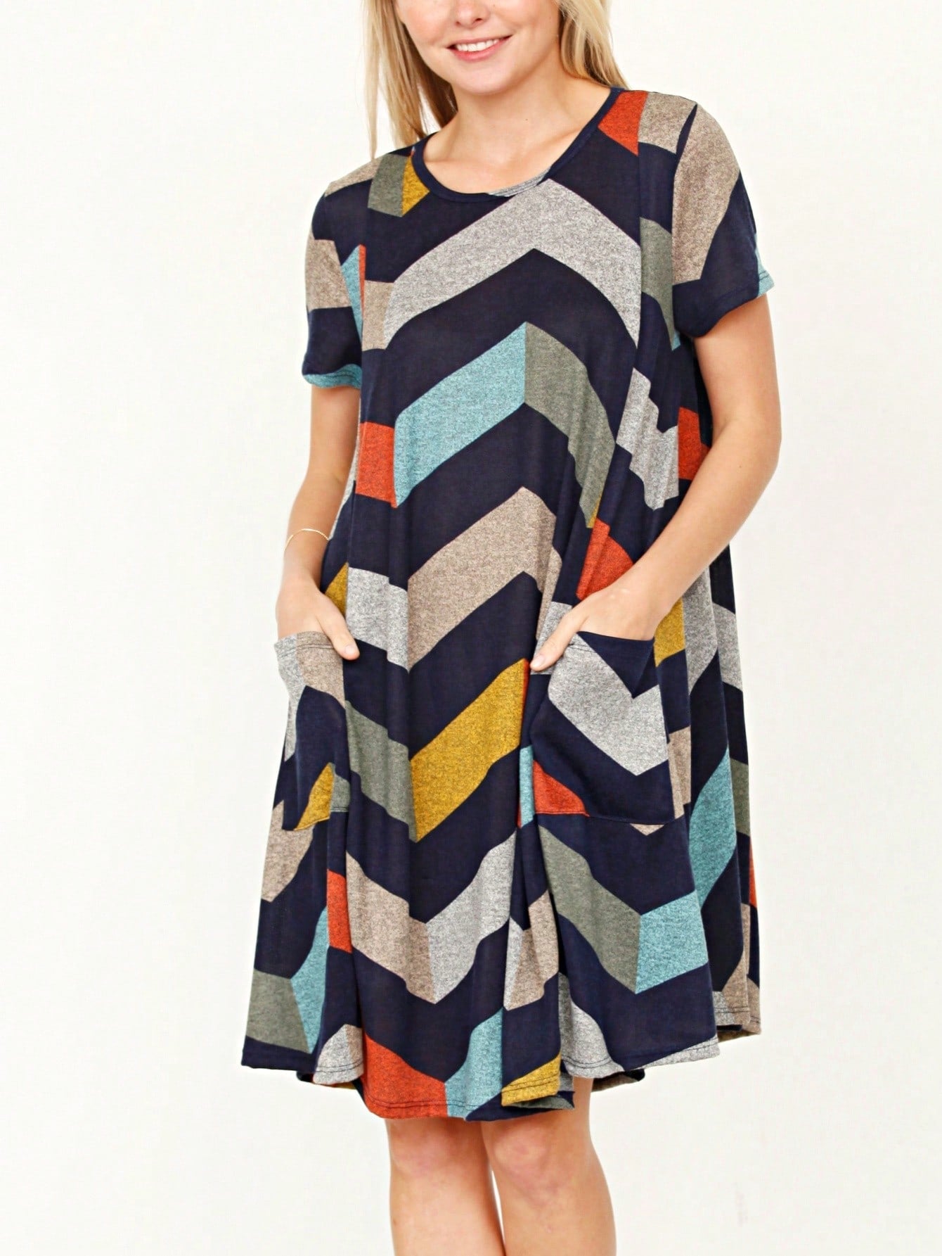 Boho Retro Light Blue Stripe Floral Aline Swing  Dress With Chest Pocket